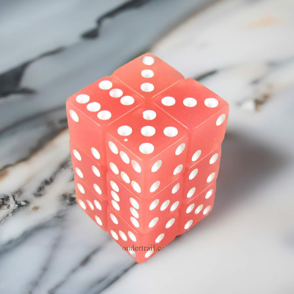 KOP08610 Peach Glow in the Dark Dice White Pips D6 16mm Pack of 12
