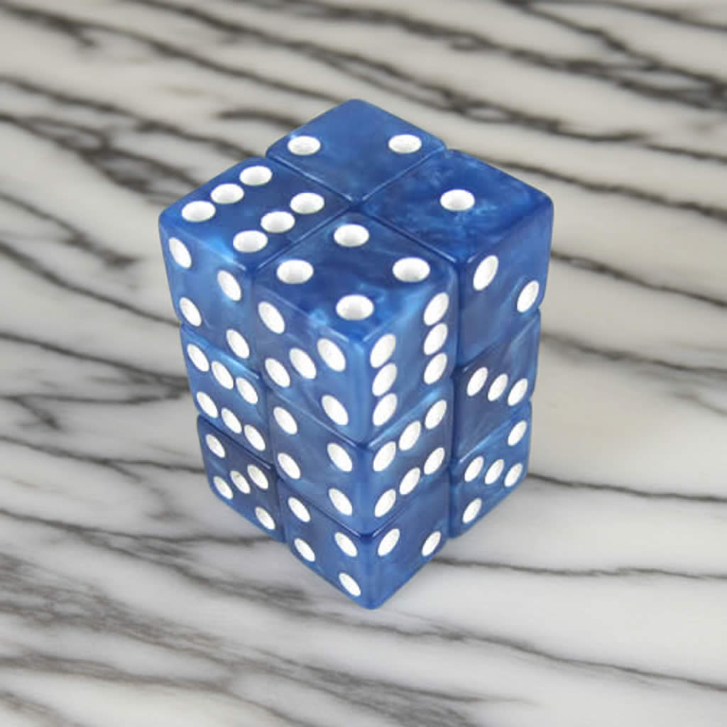 KOP08619 Blue Marbleized Dice with White Pips D6 16mm (5/8in) Pack of 12 Dice