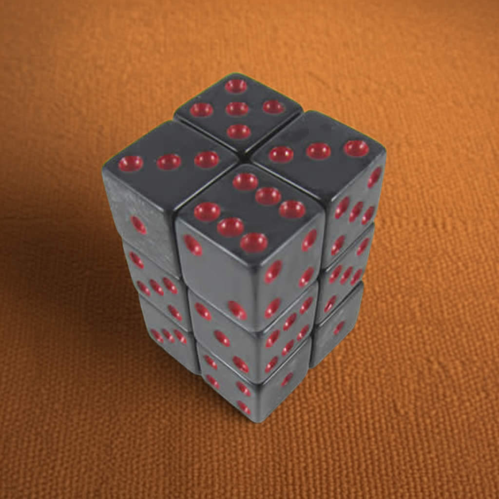 KOP08620 Charcoal Marbleized Dice with Red Pips D6 16mm (5/8in) Pack of 12 Dice