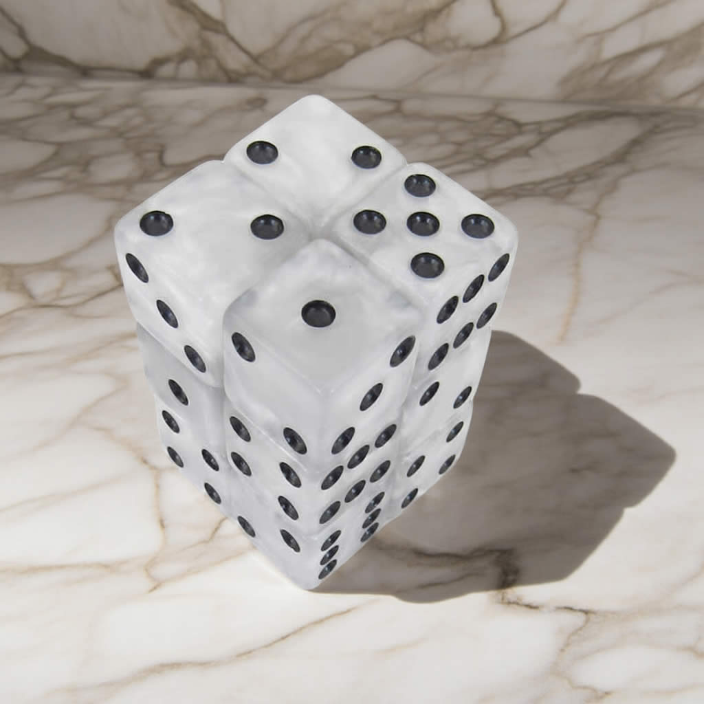 KOP08622 Pearl Marbleized Dice with Black Pips D6 16mm (5/8in) Pack of 12 Dice