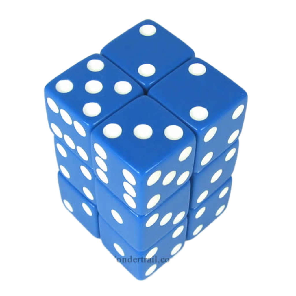 KOP08626 Blue Opaque Dice with White Pips D6 16mm (5/8in) Pack of 12