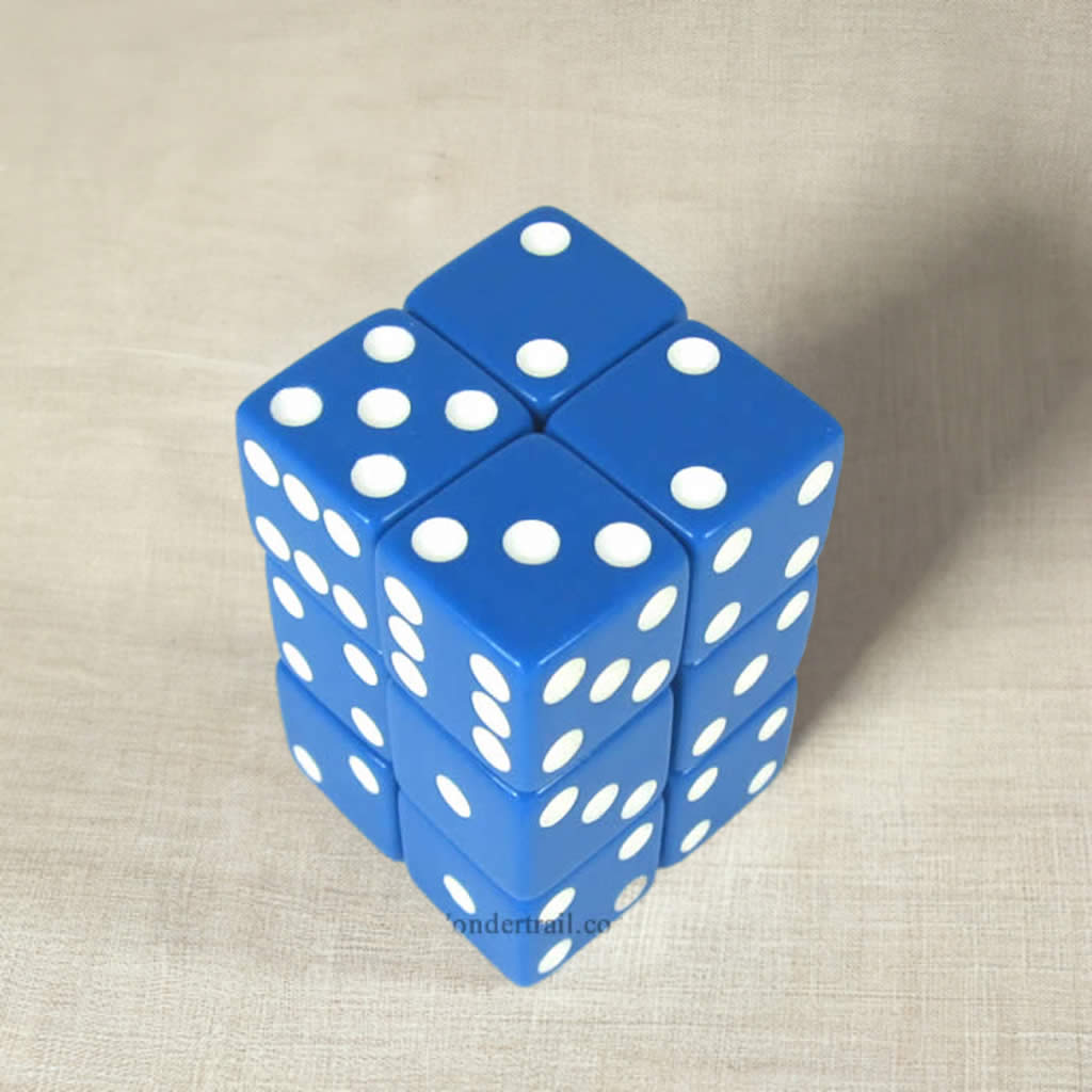 KOP08626 Blue Opaque Dice with White Pips D6 16mm (5/8in) Pack of 12