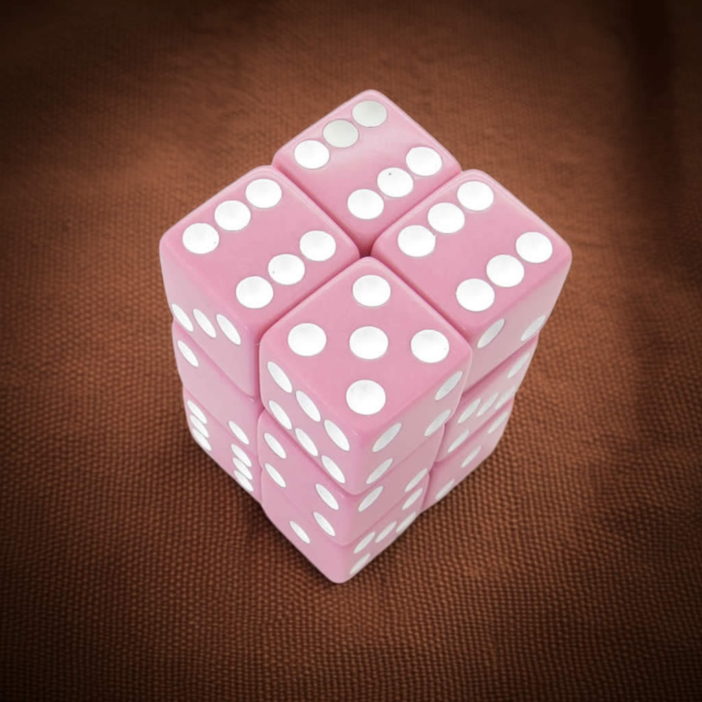 KOP08629 Pink Opaque Dice with White Pips D6 16mm (5/8in) Pack of 12 Dice