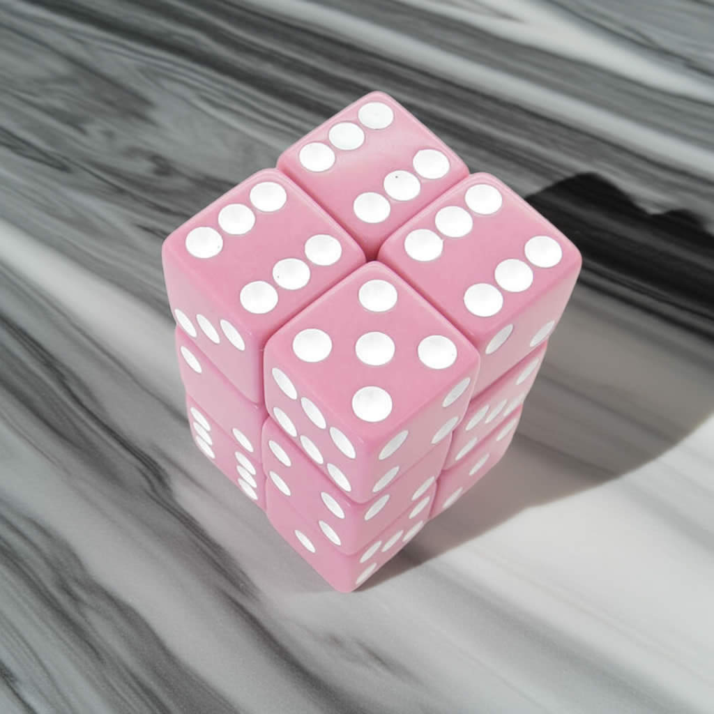 KOP08629 Pink Opaque Dice with White Pips D6 16mm (5/8in) Pack of 12 Dice