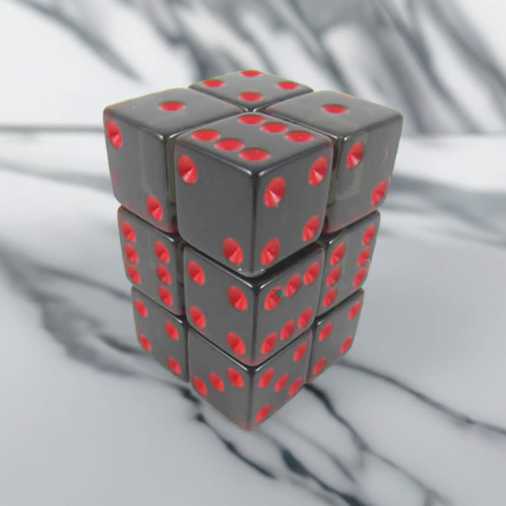 KOP08641 Smoke Transparent Dice Red Pips D6 16mm (5/8in) Pack of 12