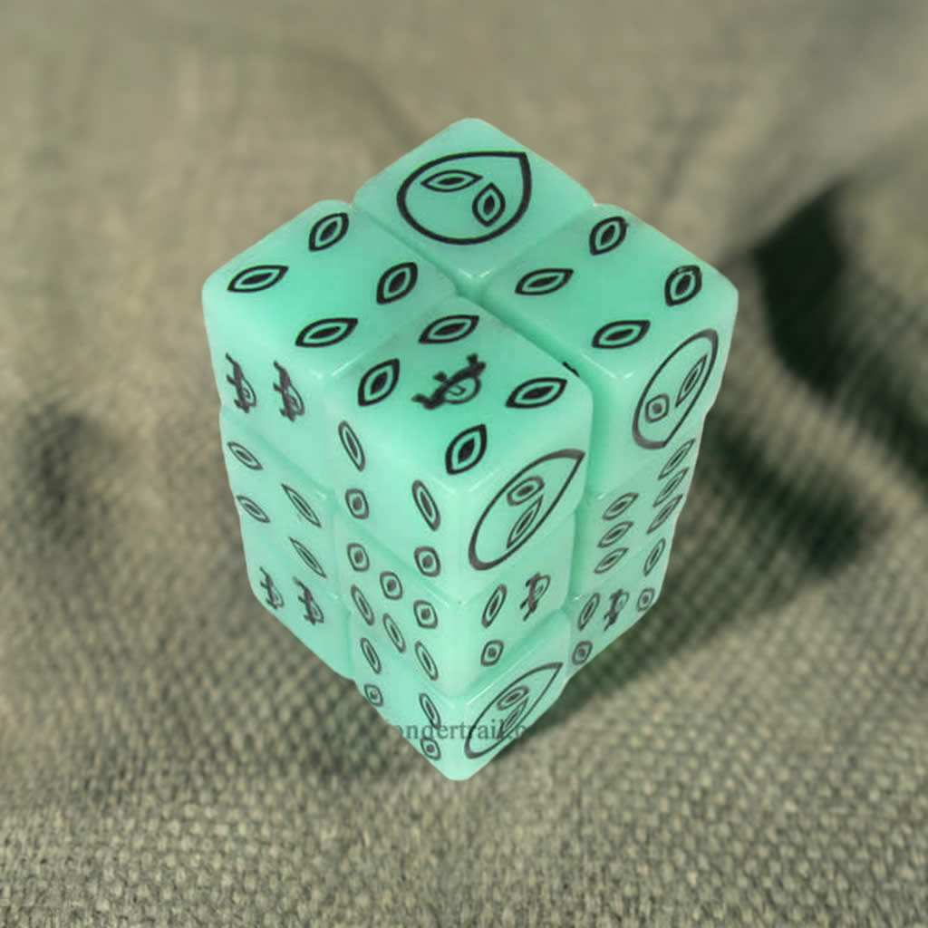KOP08680 Green Alien Glow in Dark Dice Black Aliens D6 16mm Pack of 12