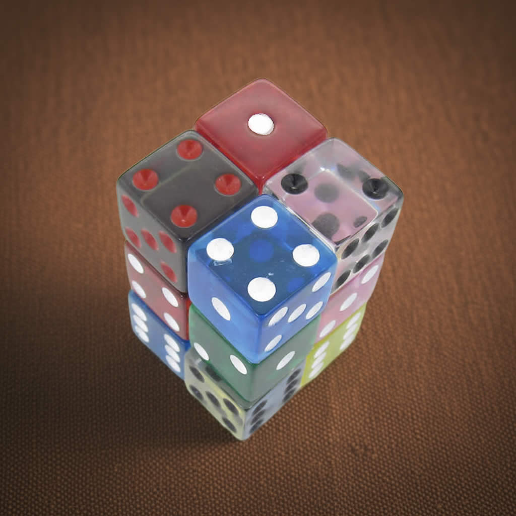 KOP09207 Assorted Transparent Dice with Pips D6 16mm (5/8in) Pack of 12 Dice Koplow Games