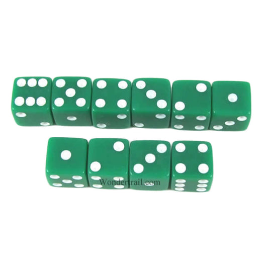 KOP09873 Green Opaque Dice with White Pips D6 8mm (5/16in) Pack of 10 Dice