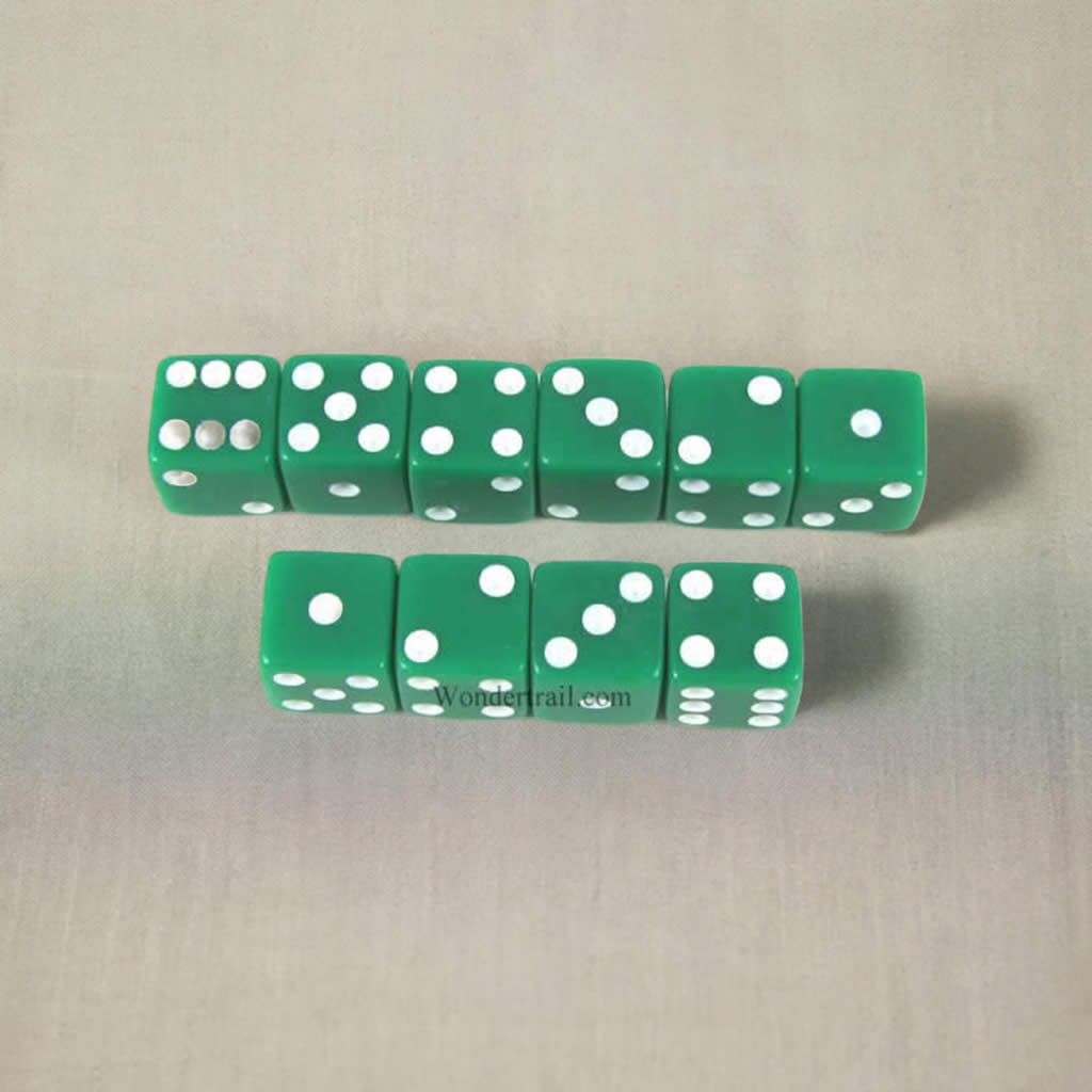 KOP09873 Green Opaque Dice with White Pips D6 8mm (5/16in) Pack of 10 Dice