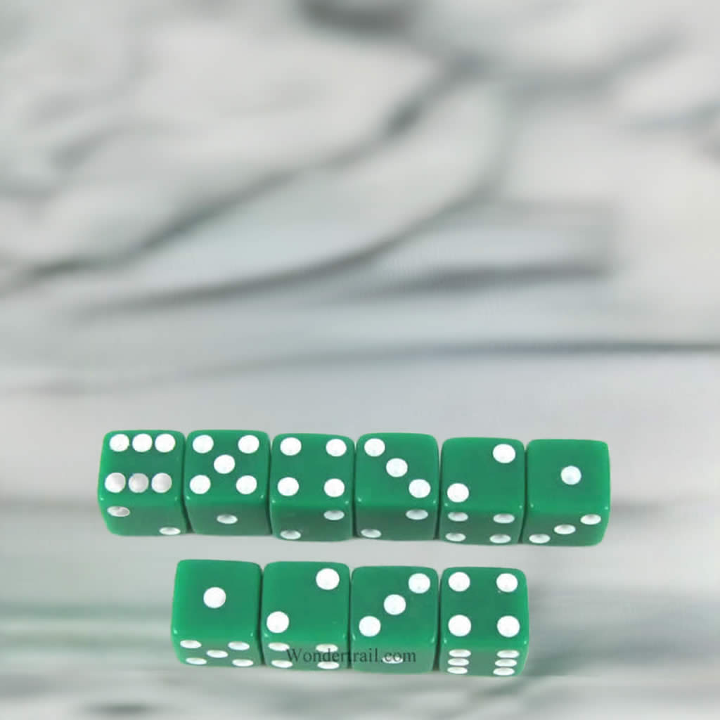 KOP09873 Green Opaque Dice with White Pips D6 8mm (5/16in) Pack of 10 Dice