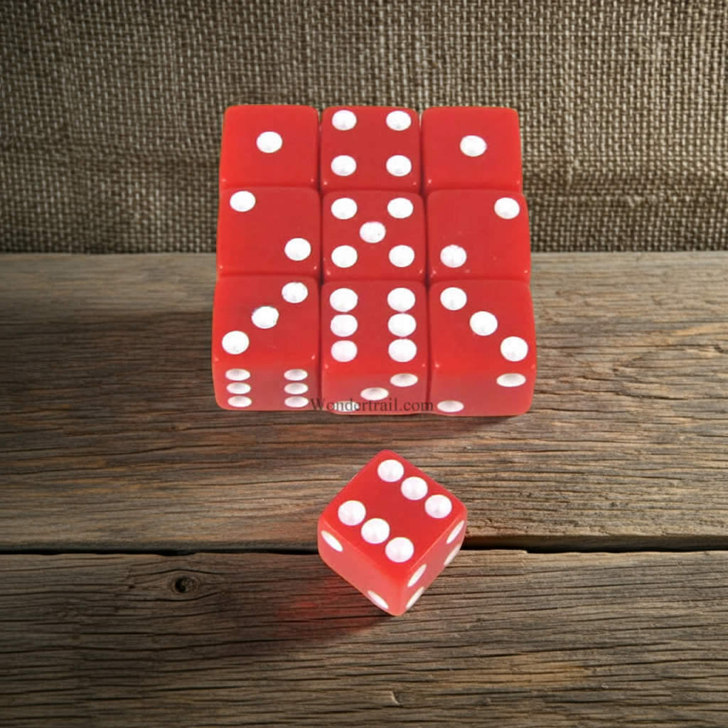 KOP09874 Red Opaque Dice with White Pips D6 8mm (5/16in) Pack of 10