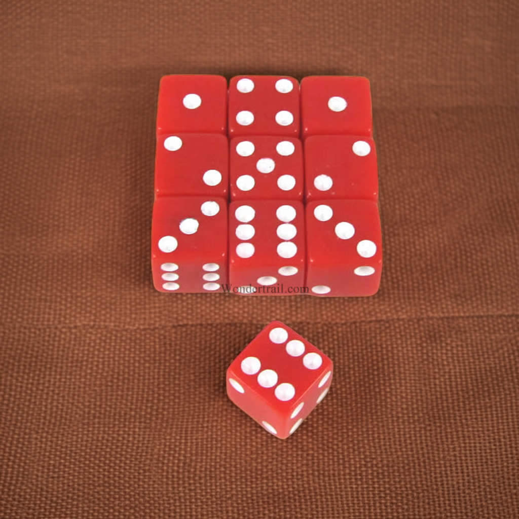 KOP09874 Red Opaque Dice with White Pips D6 8mm (5/16in) Pack of 10