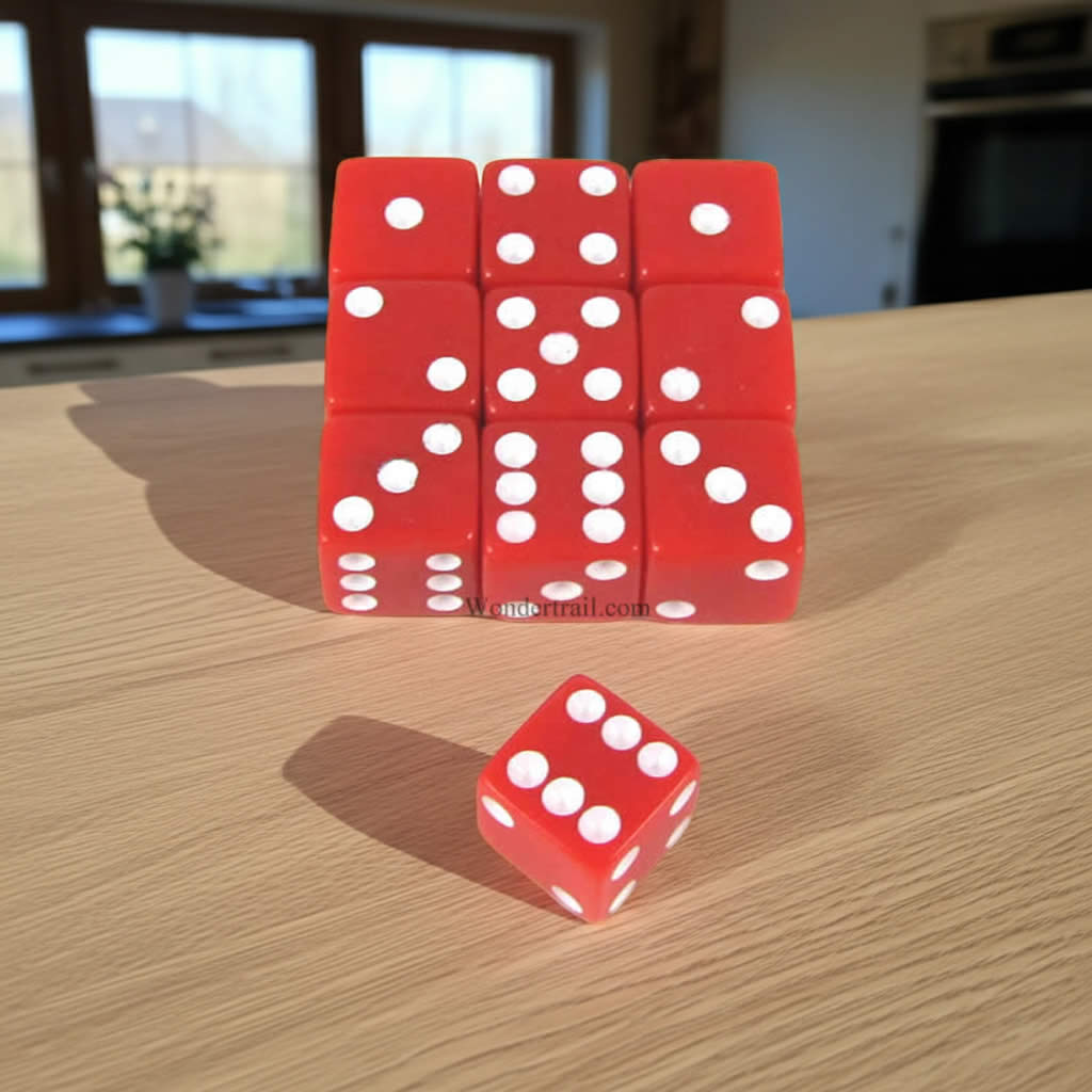 KOP09874 Red Opaque Dice with White Pips D6 8mm (5/16in) Pack of 10