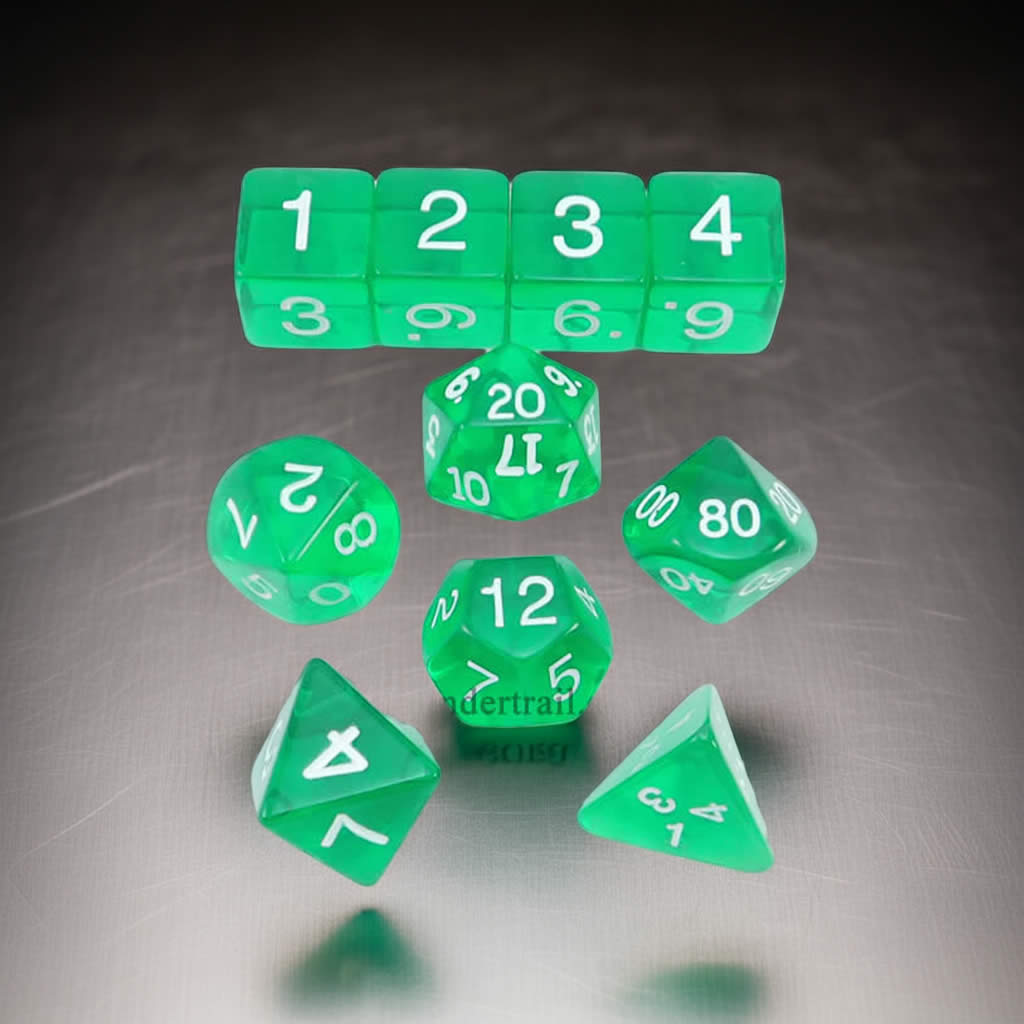 KOP09950 Green Transparent Dice with White Numbers 16mm (5/8in) Set of 10 Dice