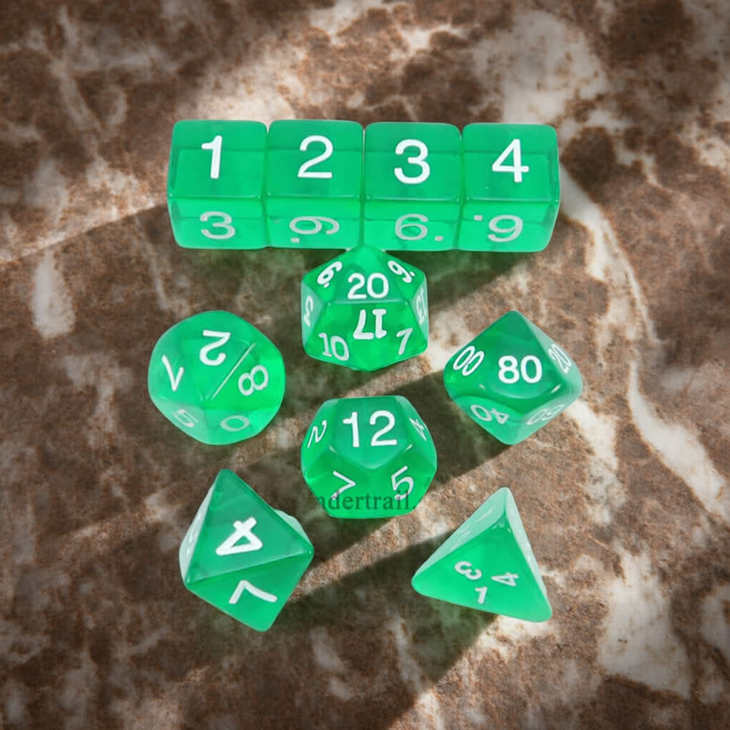 KOP09950 Green Transparent Dice with White Numbers 16mm (5/8in) Set of 10 Dice