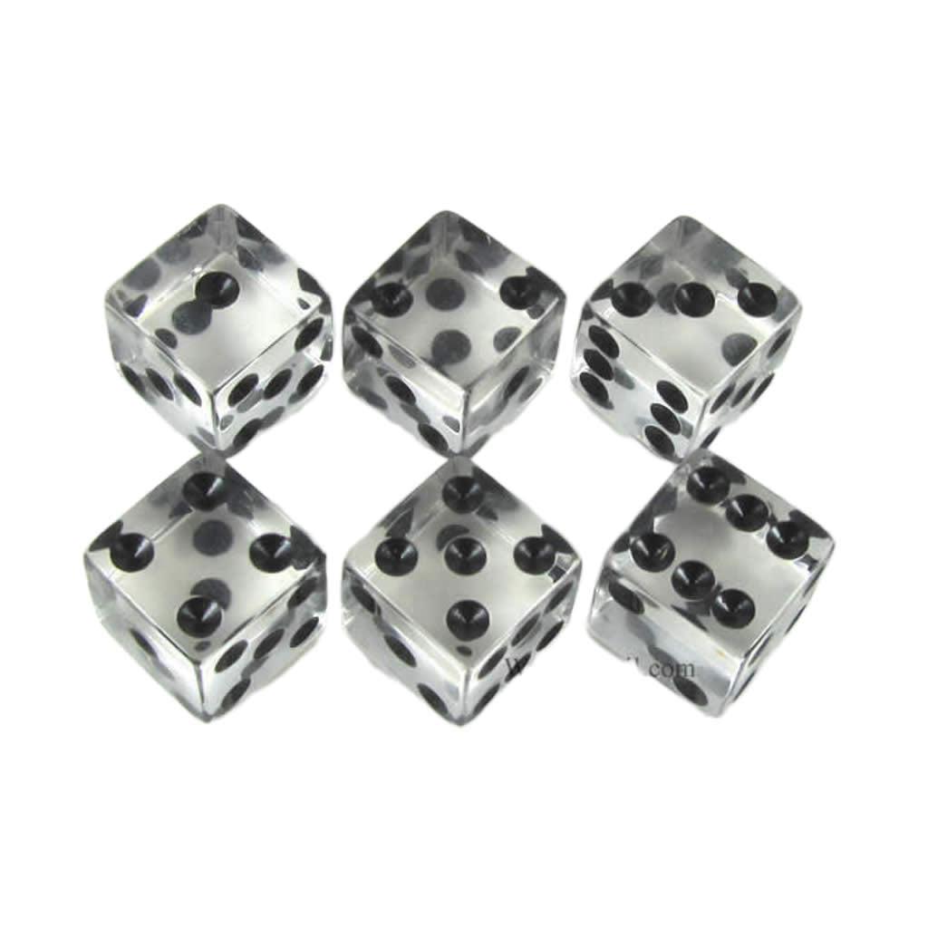 KOP10762 Clear Transparent Dice Black Pips D6 16mm (5/8in) Pack of 6