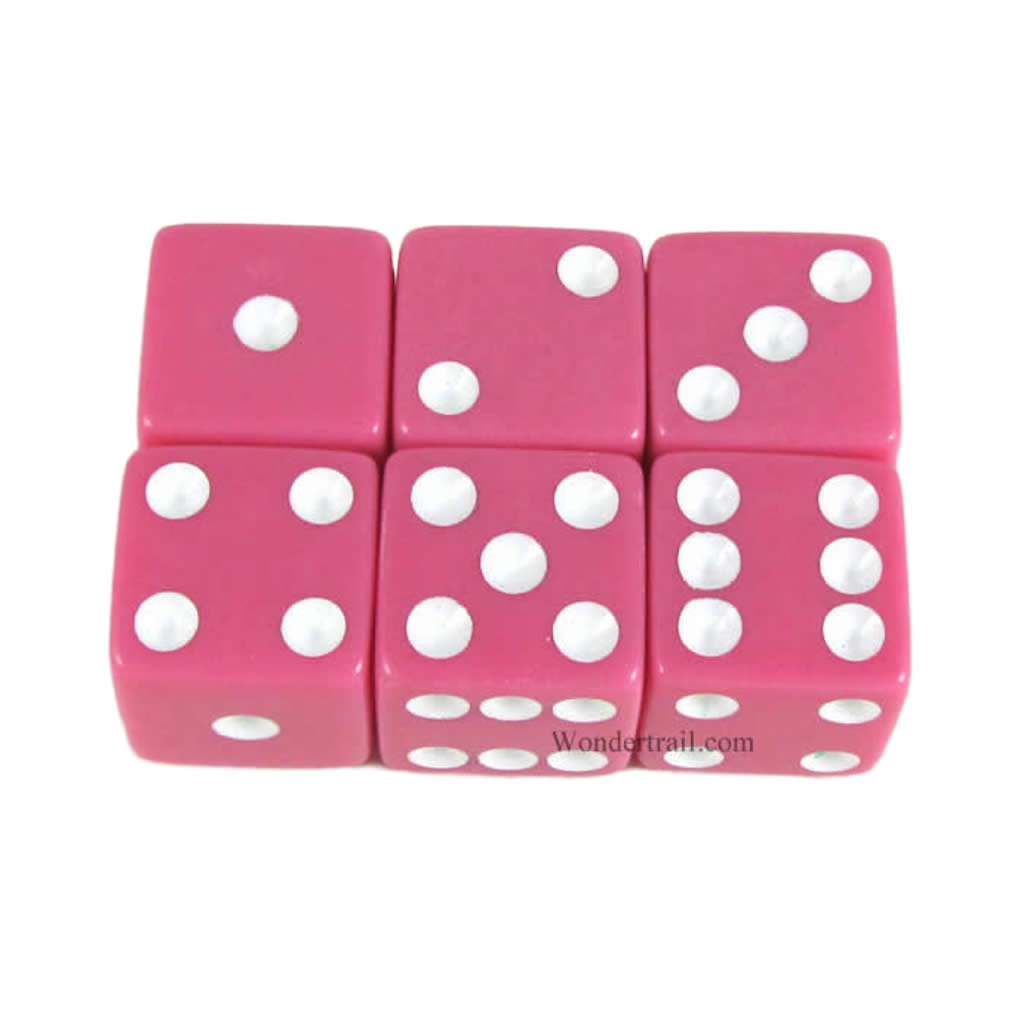 KOP10862 Pink Opaque Dice with White Pips D6 16mm (5/8in) Pack of 6 Dice