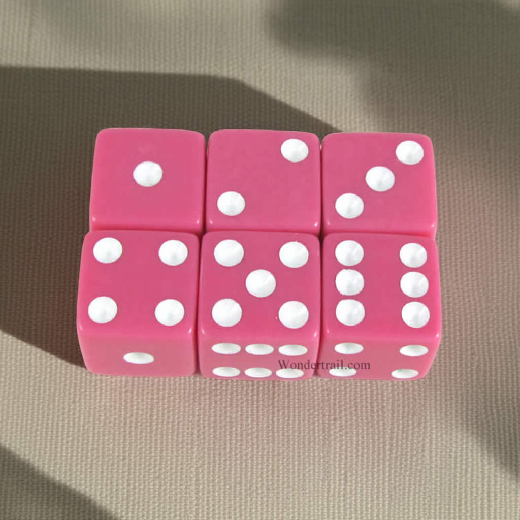 KOP10862 Pink Opaque Dice with White Pips D6 16mm (5/8in) Pack of 6 Dice