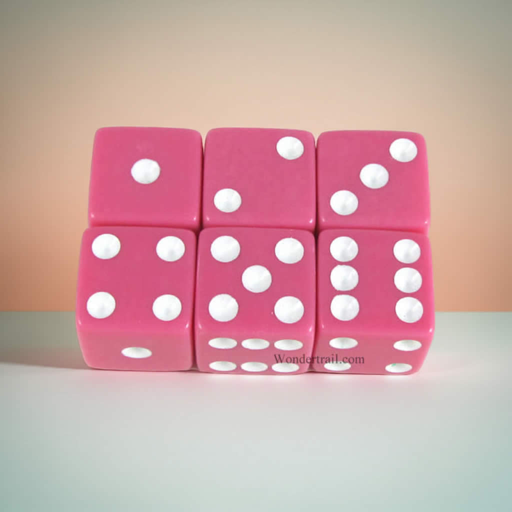 KOP10862 Pink Opaque Dice with White Pips D6 16mm (5/8in) Pack of 6 Dice