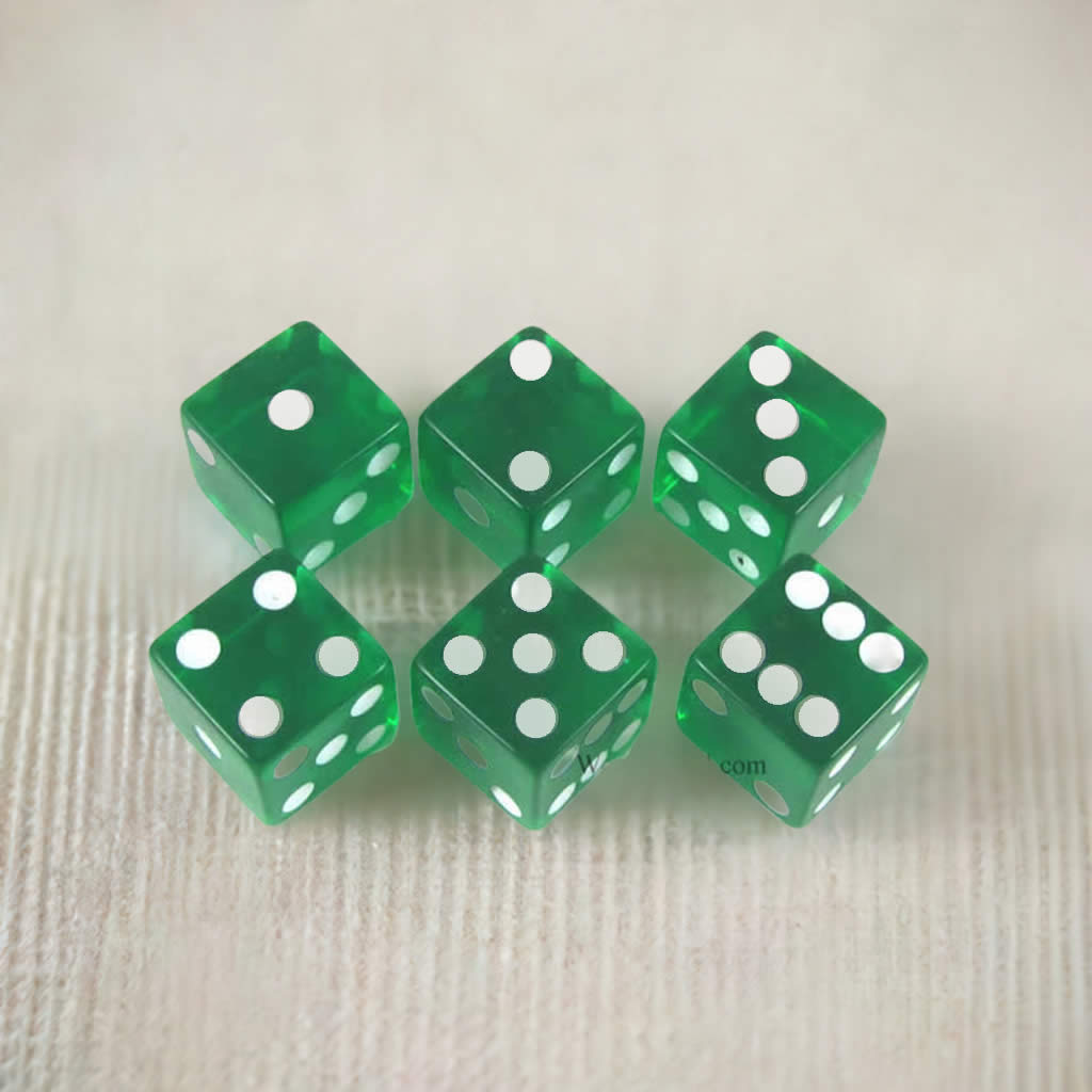 KOP10874 Green Transparent Dice with White Pips D6 16mm (5/8in) Pack of 6 Dice