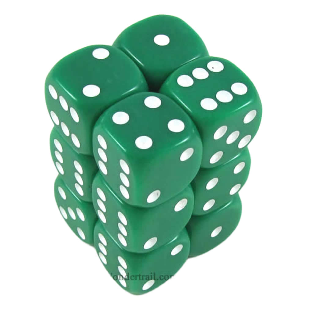 KOP10997 Green Opaque Dice with White Pips D6 16mm (5/8in) Pack of 12