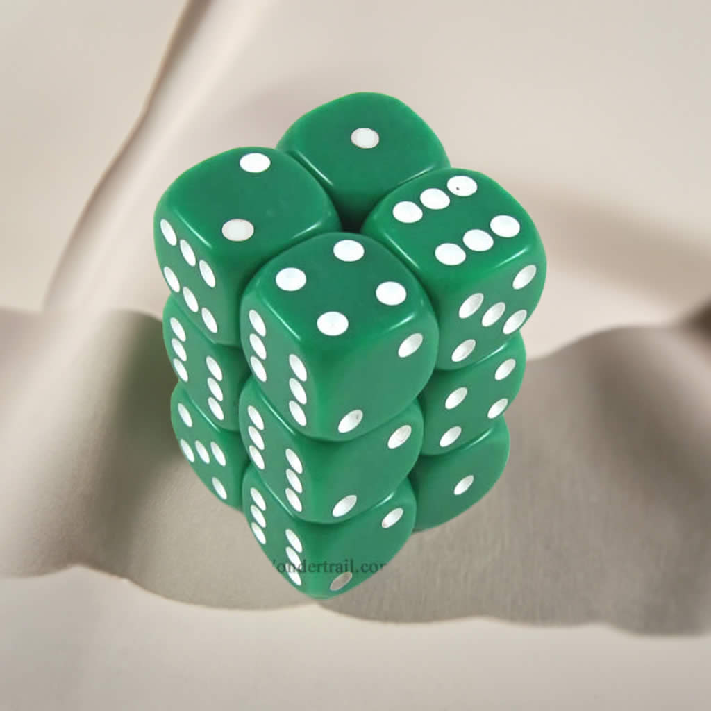 KOP10997 Green Opaque Dice with White Pips D6 16mm (5/8in) Pack of 12