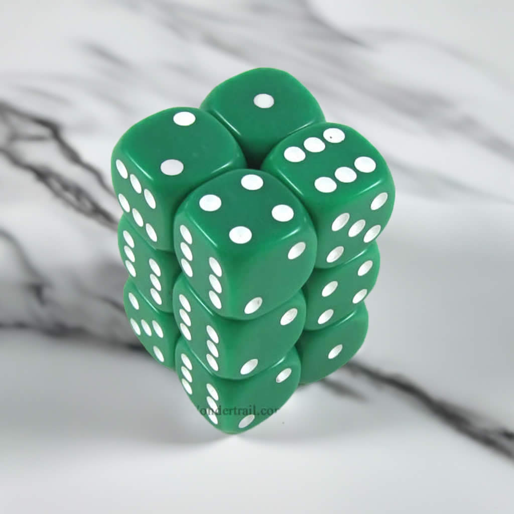 KOP10997 Green Opaque Dice with White Pips D6 16mm (5/8in) Pack of 12