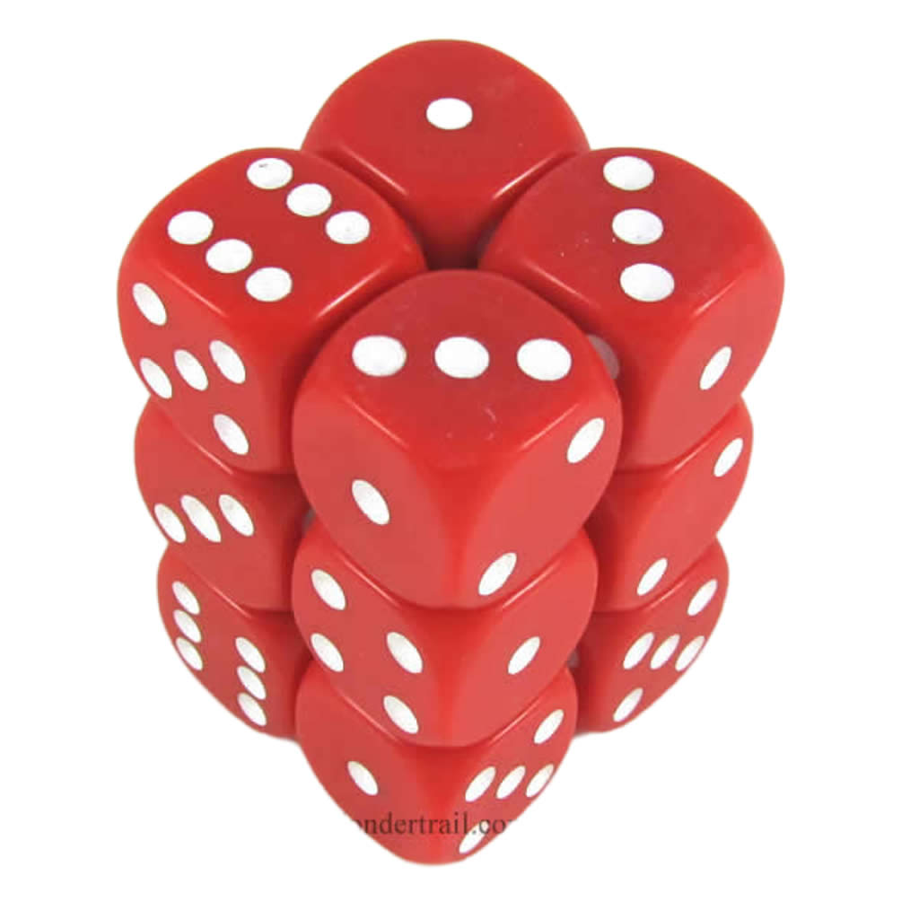 KOP11000 Red Opaque Dice with White Pips D6 16mm (5/8in) Pack of 12