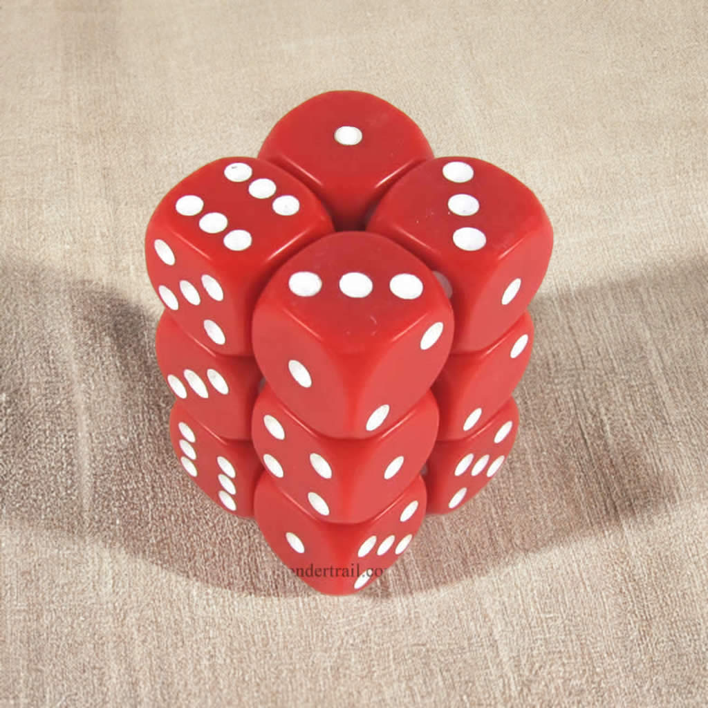 KOP11000 Red Opaque Dice with White Pips D6 16mm (5/8in) Pack of 12