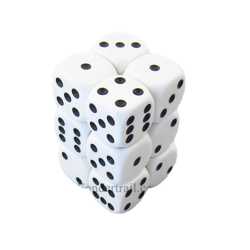 KOP11002 White Opaque Dice with Black Pips D6 16mm (5/8in) Pack of 12 Dice