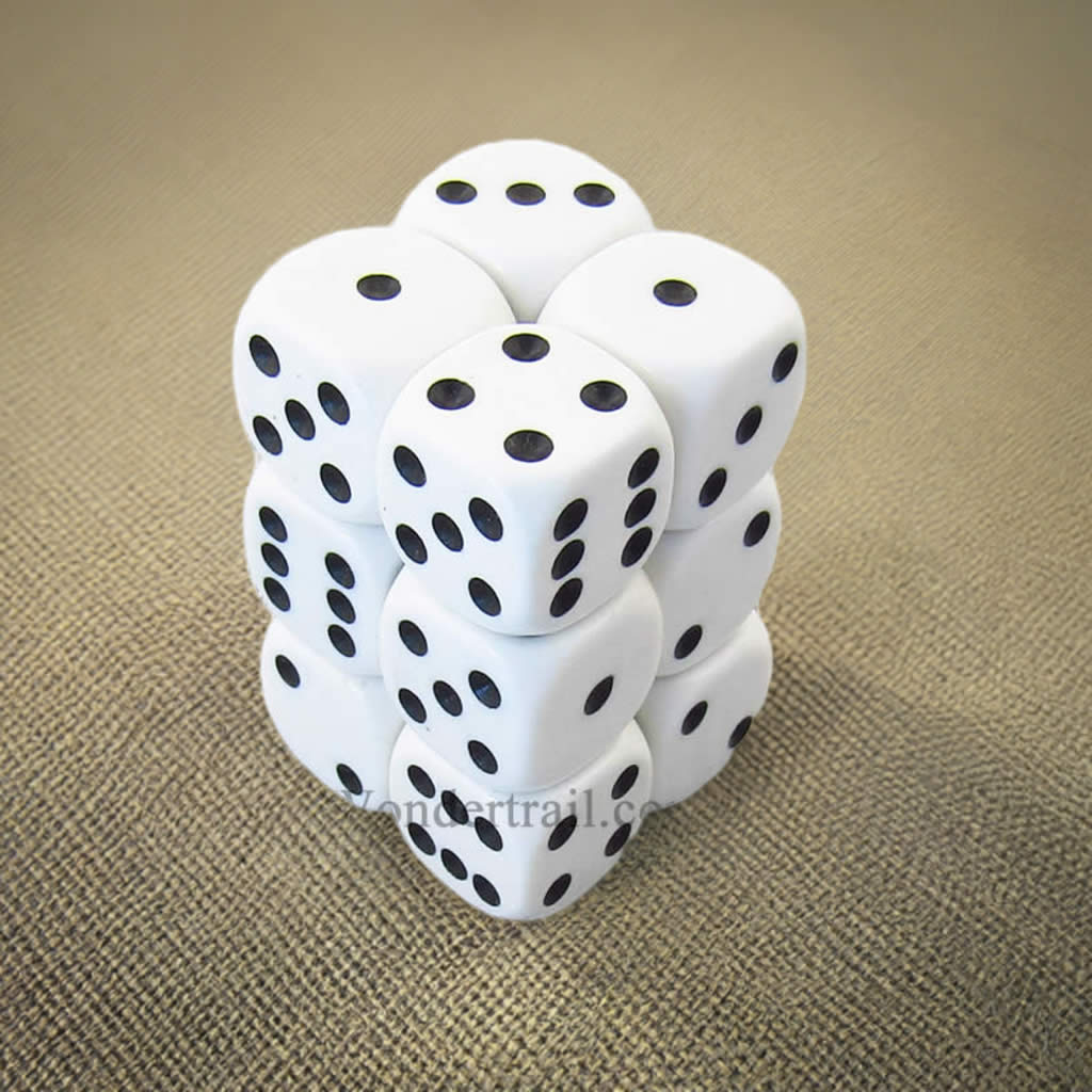 KOP11002 White Opaque Dice with Black Pips D6 16mm (5/8in) Pack of 12 Dice