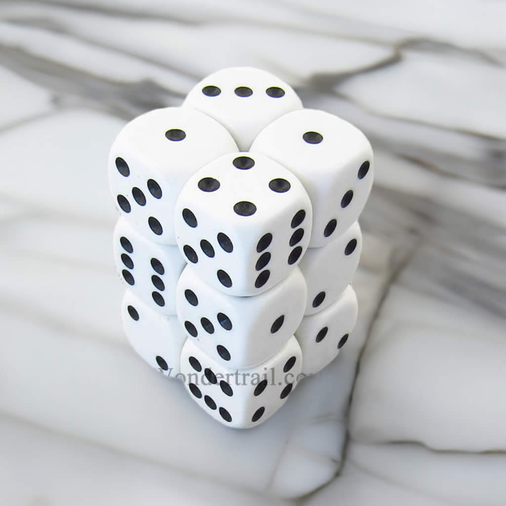 KOP11002 White Opaque Dice with Black Pips D6 16mm (5/8in) Pack of 12 Dice