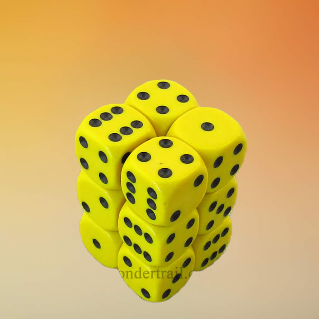 KOP11003 Yellow Opaque Dice with Black Pips D6 16mm (5/8in) Pack of 12