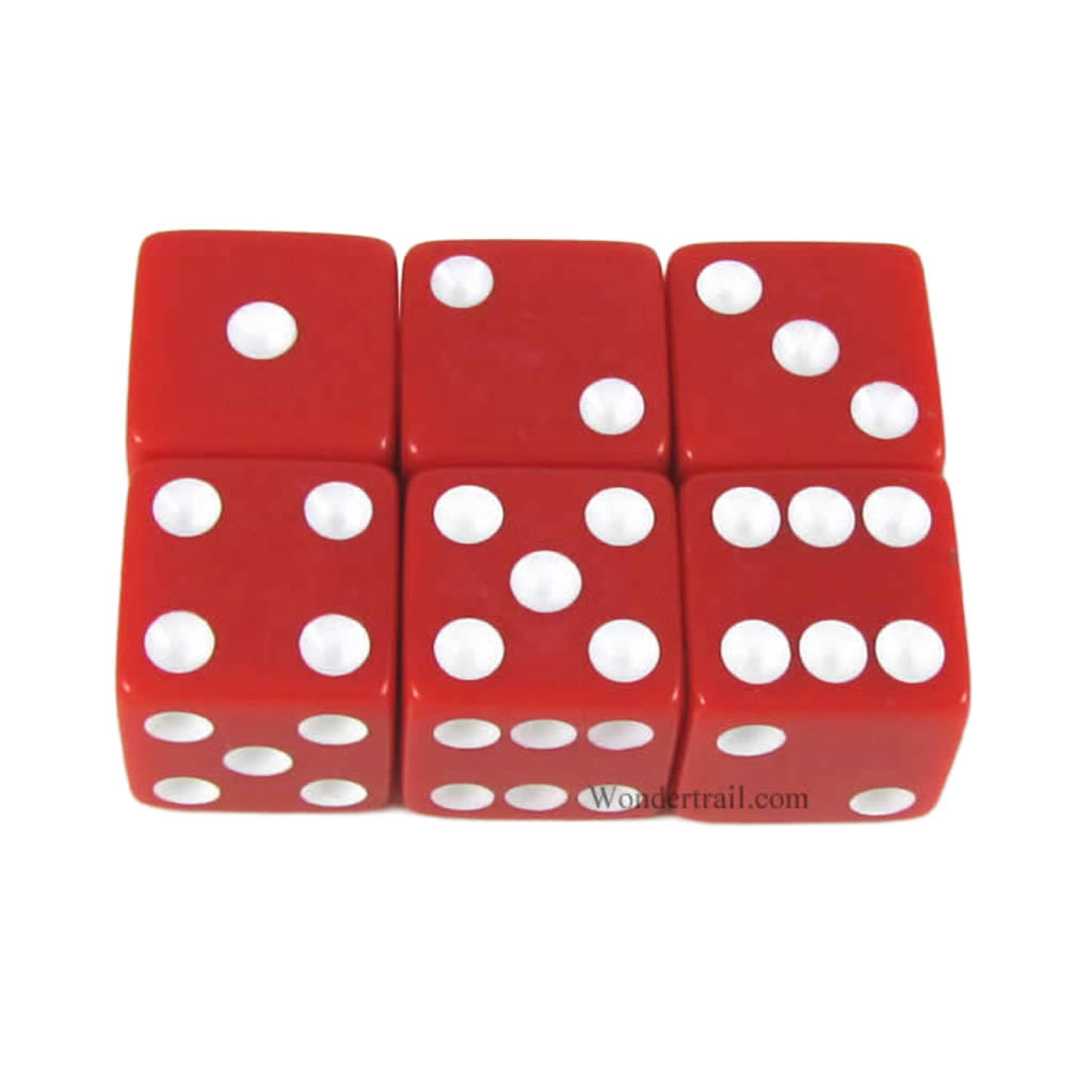 KOP11043 Red Opaque Dice with White Pips D6 16mm (5/8in) Pack of 6