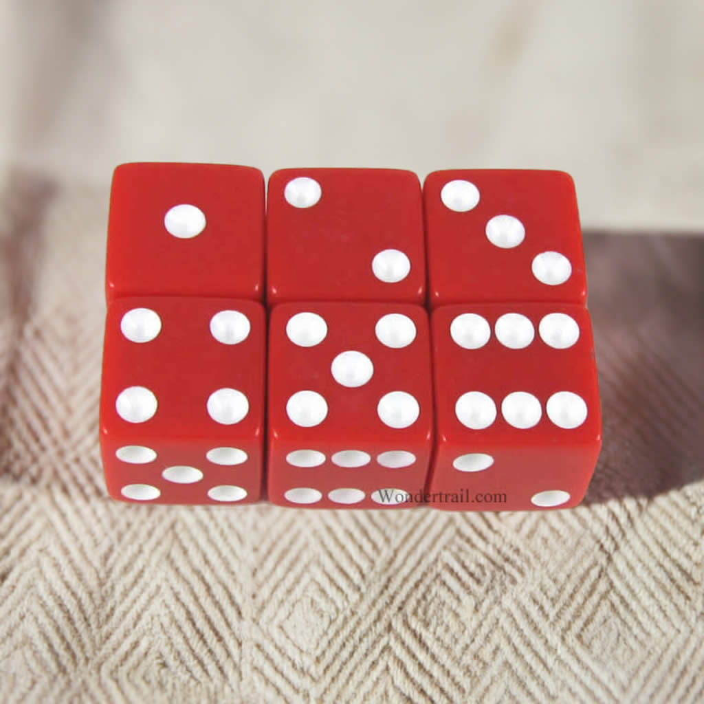 KOP11043 Red Opaque Dice with White Pips D6 16mm (5/8in) Pack of 6