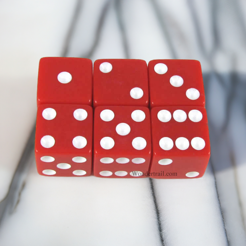 KOP11043 Red Opaque Dice with White Pips D6 16mm (5/8in) Pack of 6