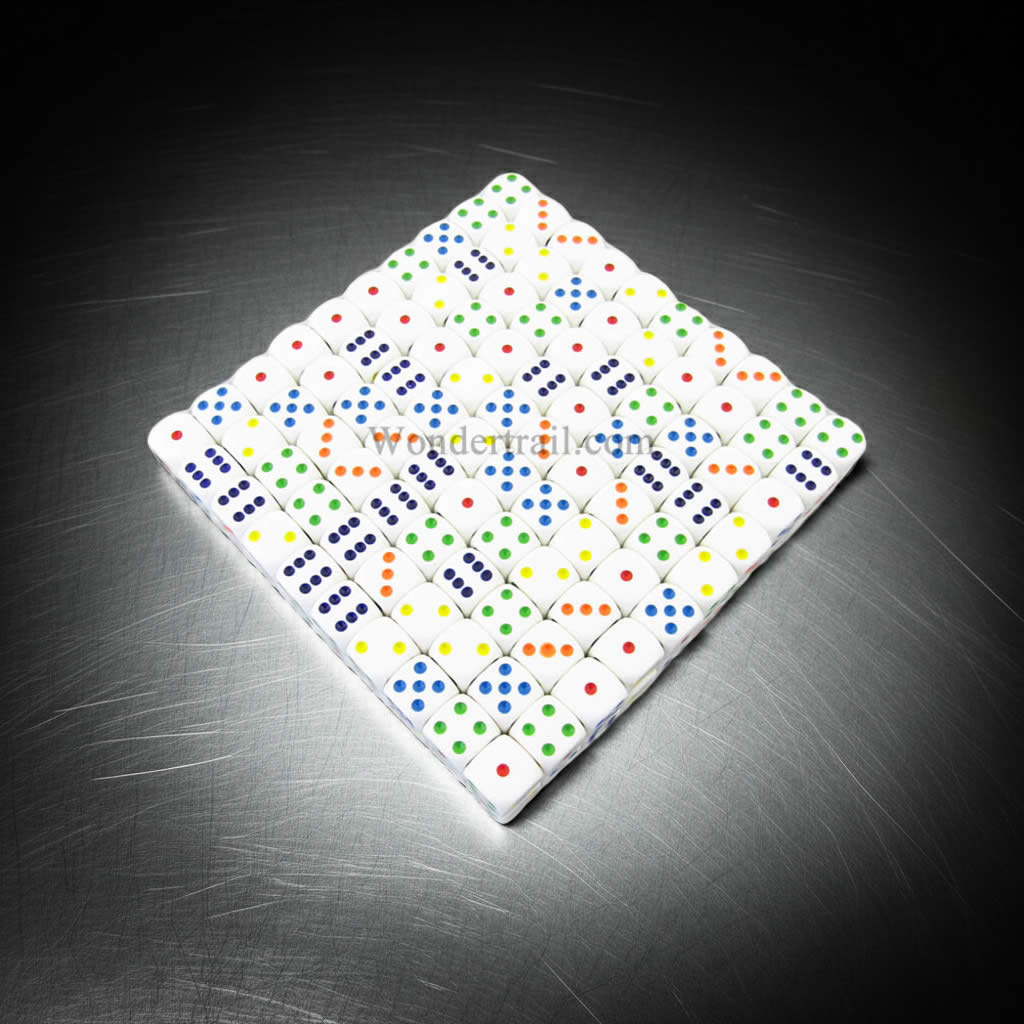KOP11475 White Opaque Dice with Multi-Colored Pips D6 16mm (5/8in) Bulk Pack of 200 Dice