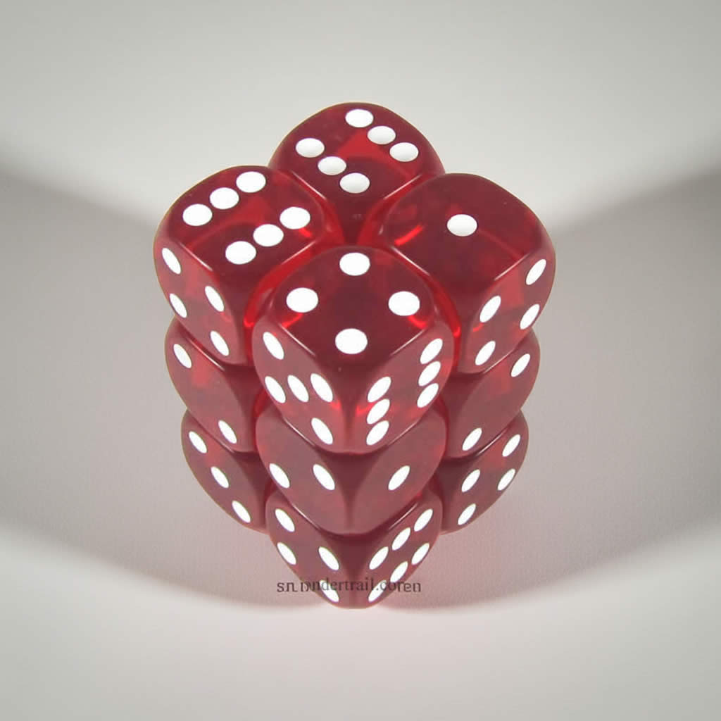 KOP11613 Red Transparent Dice White Pips D6 16mm (5/8in) Pack of 12