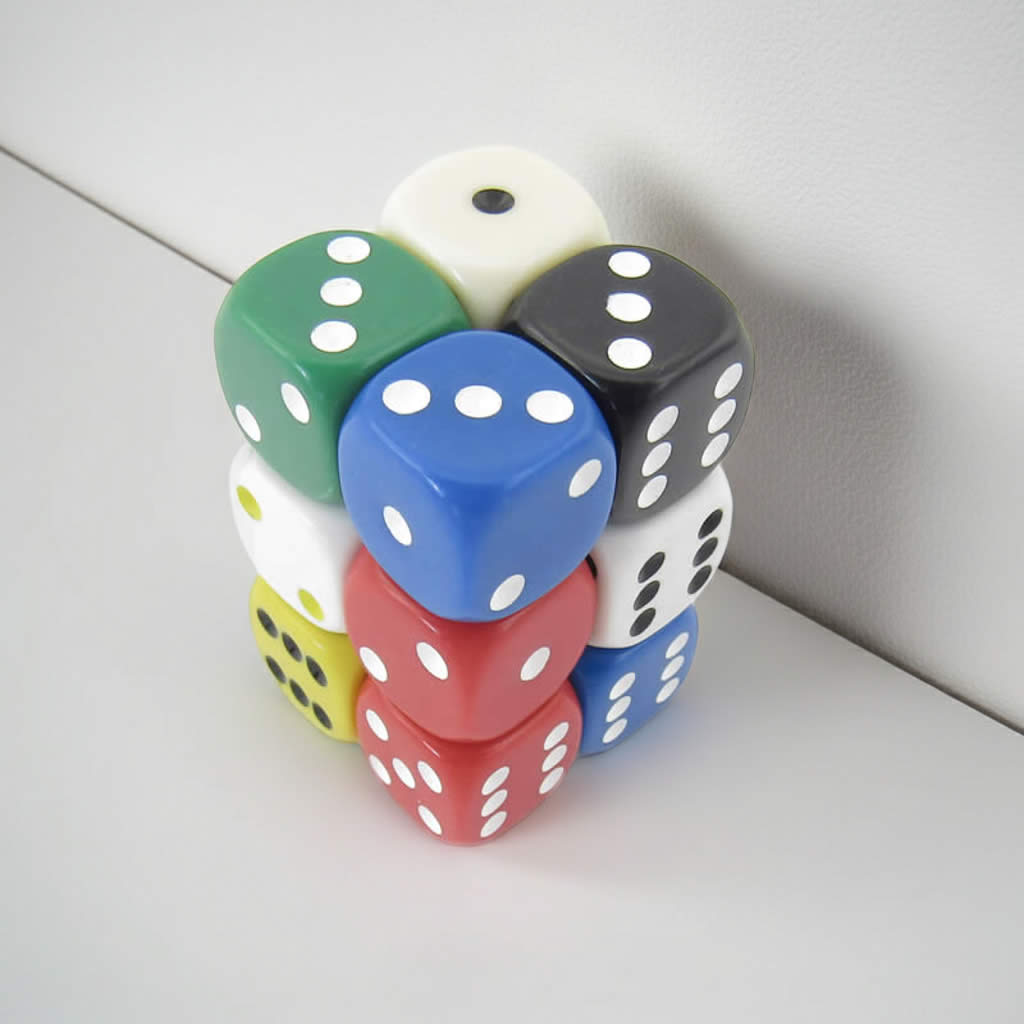 KOP11637 Assorted Opaque Dice with Pips D6 16mm (5/8in) Pack of 12 Dice