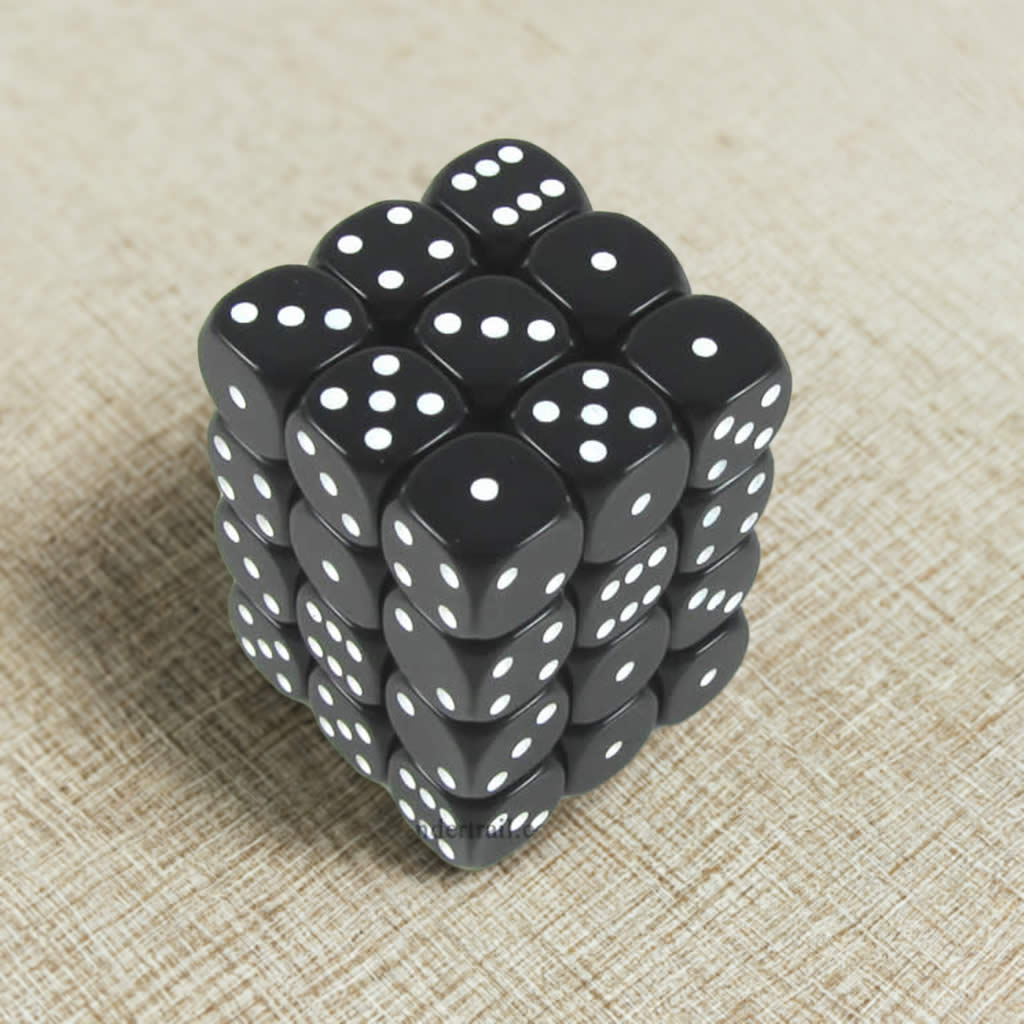 KOP11976 Black Opaque Dice with White Pips D6 12mm (1/2in) Pack of 36