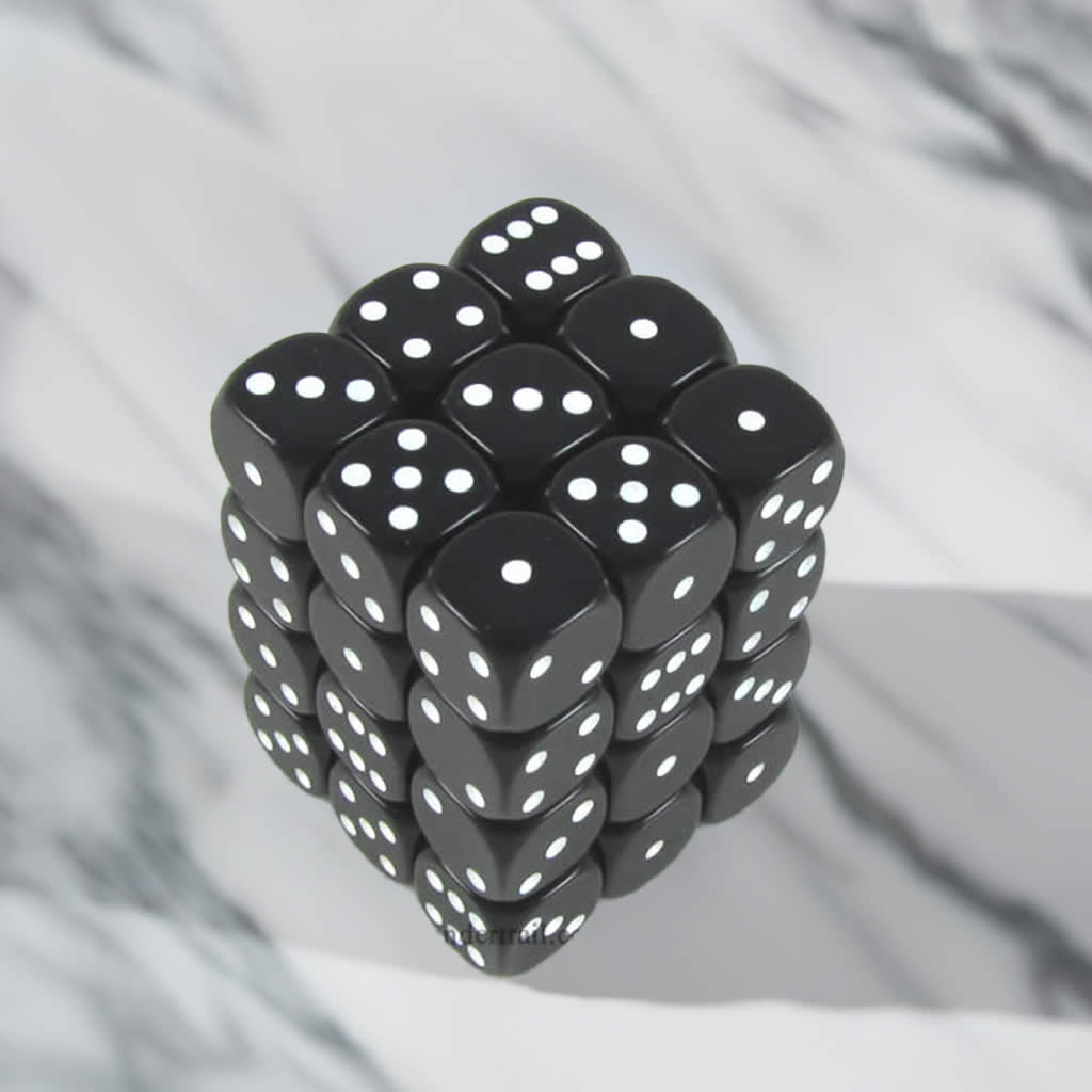KOP11976 Black Opaque Dice with White Pips D6 12mm (1/2in) Pack of 36