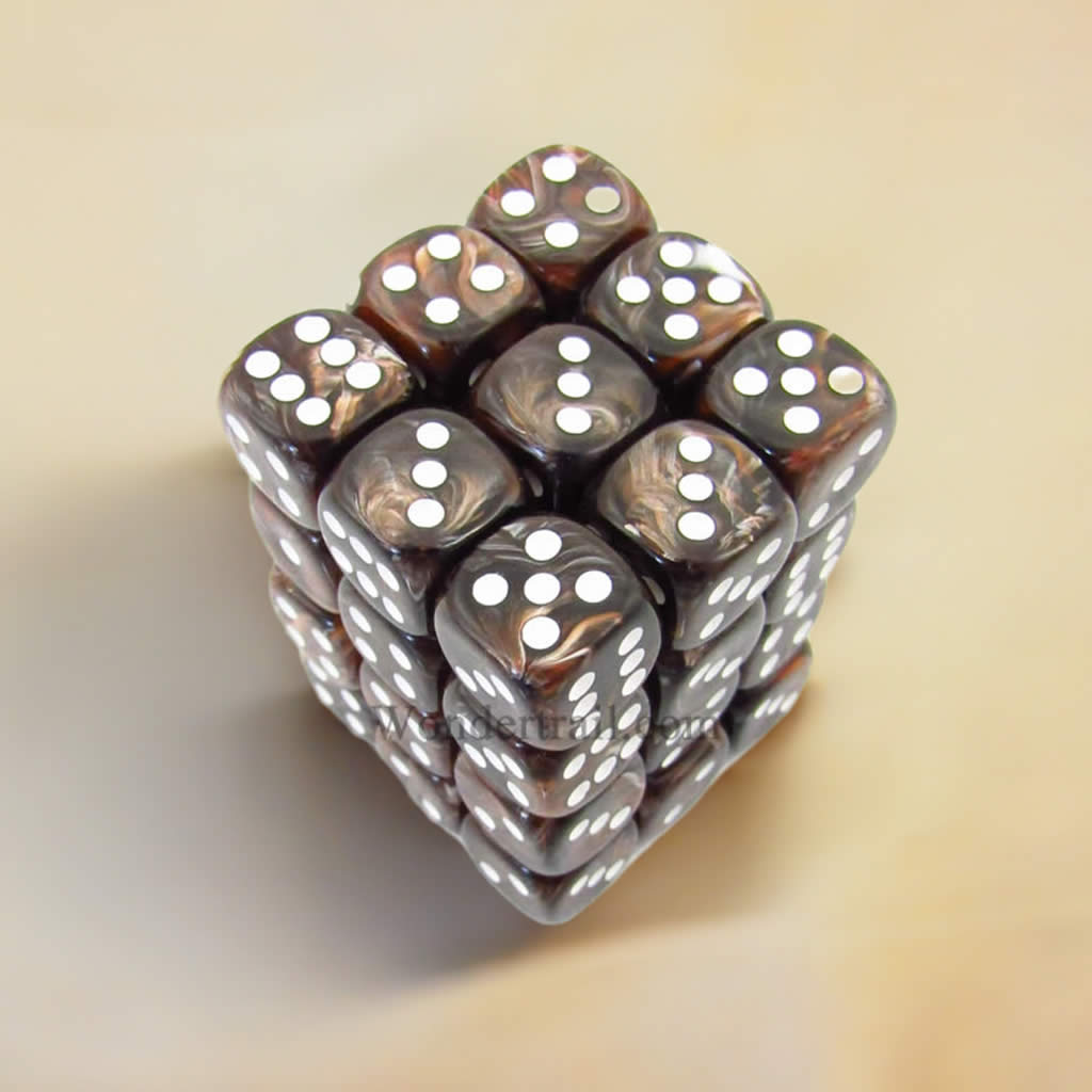 KOP11994 Brown Marbleized Dice White Pips D6 12mm (1/2in) Pack of 36