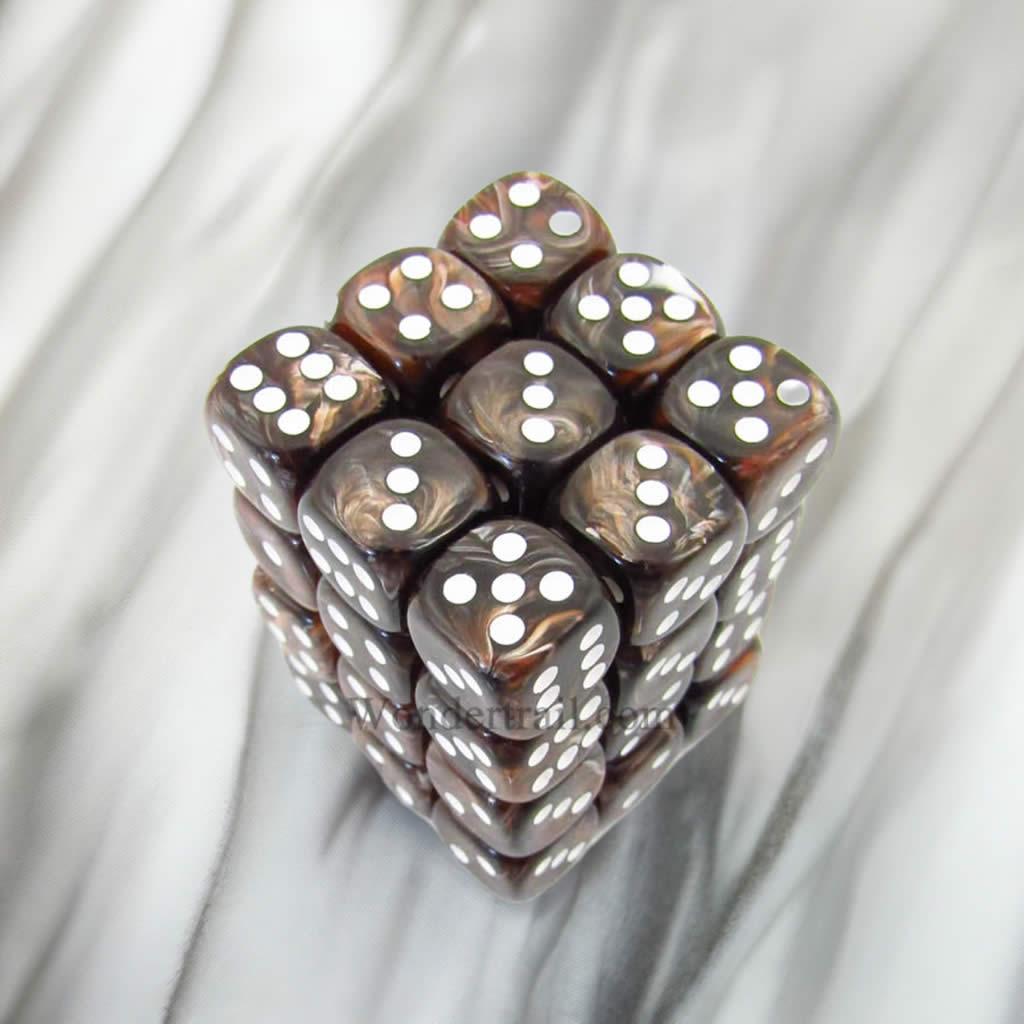 KOP11994 Brown Marbleized Dice White Pips D6 12mm (1/2in) Pack of 36