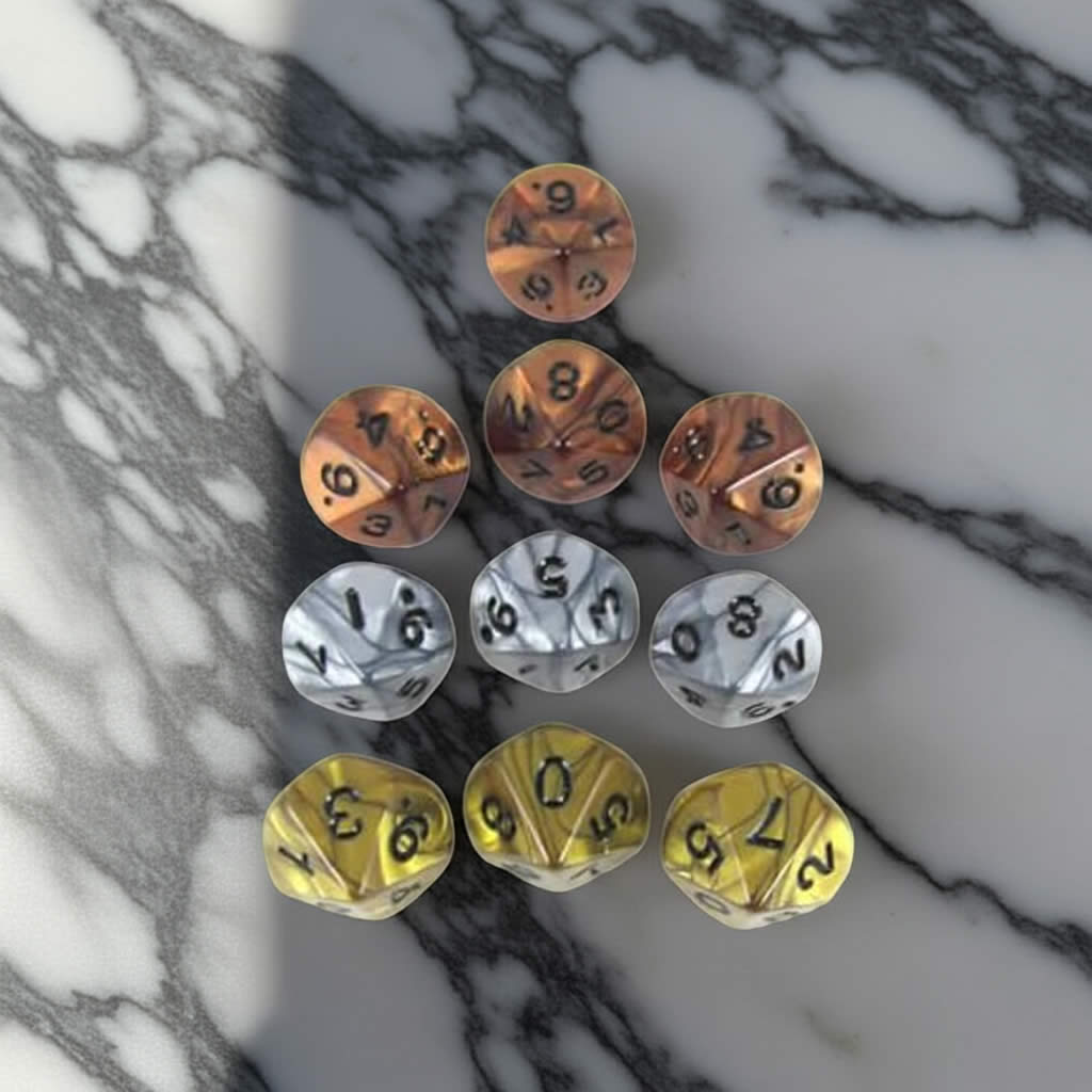 KOP13375 Assorted Olympic Dice with Black Numbers D10 16mm (5/8in) Pack of 10 Dice