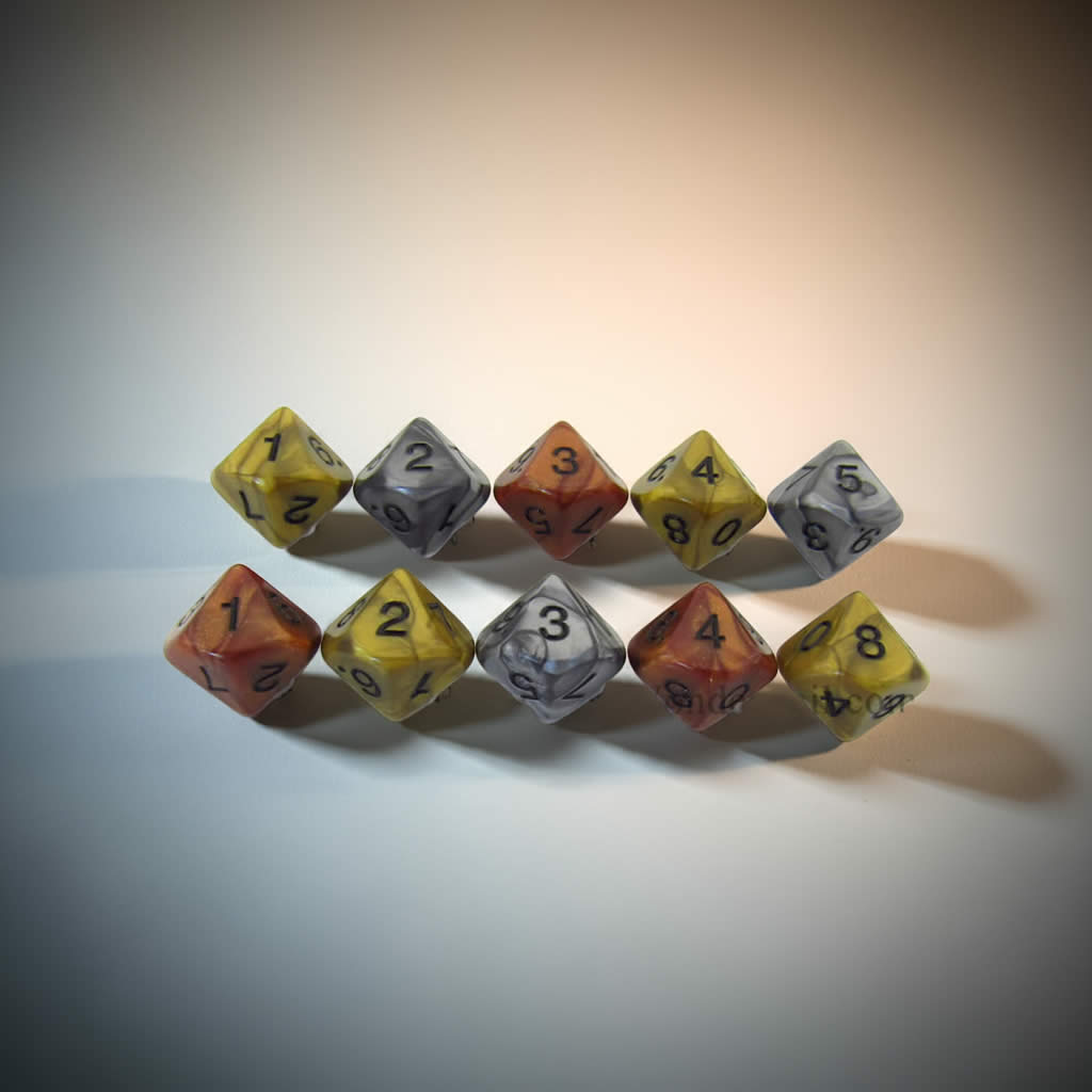 KOP13375 Assorted Olympic Dice with Black Numbers D10 16mm (5/8in) Pack of 10 Dice