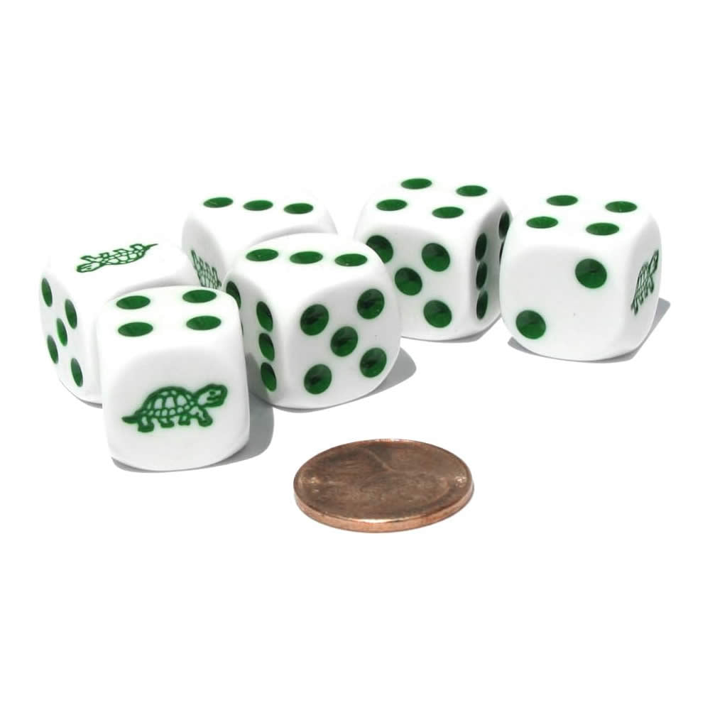 KOP14826 Turtle Dice Game White Opaque Dice with Green Pips D6 16mm (5/8in) Koplow Games