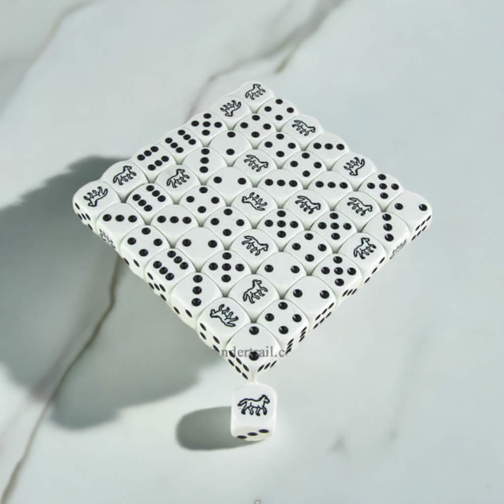 KOP15519 Black Horse Dice White Opaque with Black Pips D6 16mm (5/8in) Bulk Pack of 50 Dice