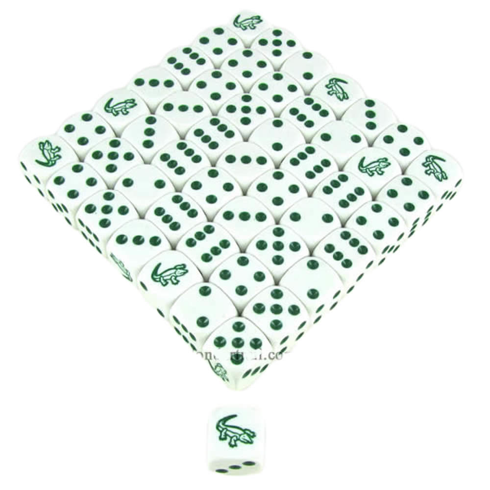 KOP15534 Alligator Dice White Opaque with Green Pips D6 16mm (5/8in) Bulk Pack of 50 Koplow Games