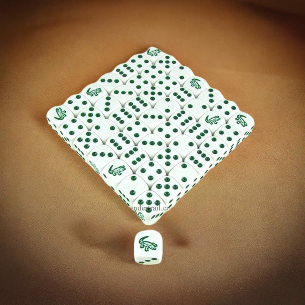 KOP15534 Alligator Dice White Opaque with Green Pips D6 16mm (5/8in) Bulk Pack of 50 Koplow Games