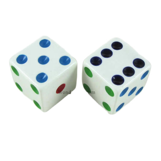 KOP17815 White Opaque Dice with Different Colored Pips D6 25mm (1in) Pack of 2 Dice